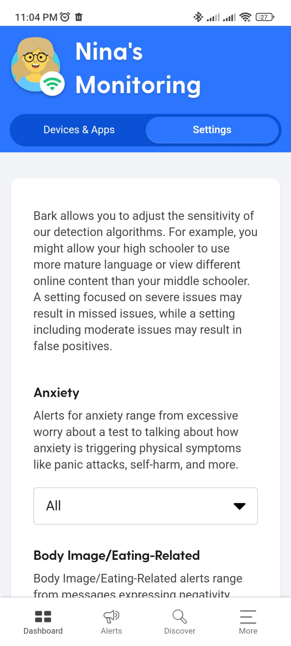 Child sensitivity settings on Bark